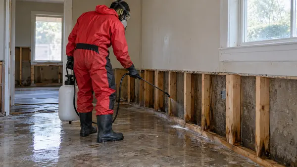 Worker in a red suit and boots spraying antimicrobial solution onto cut-out wall studs and a wet concrete floor in a flood-cut room