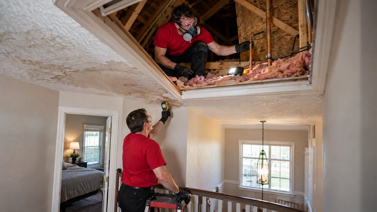 Technician in a respirator crouched in an open attic hatch over wet pink insulation while a second technician scans a stained ceiling below with a meter