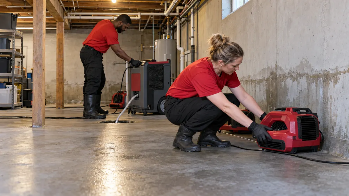 Technicians setting a dehumidifier and air mover against a damp basement wall