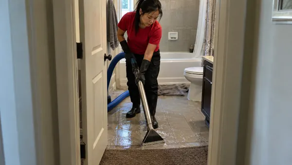 Technician using a wand extractor on a wet bathroom floor and carpet edge in an unoccupied home after a pipe failure