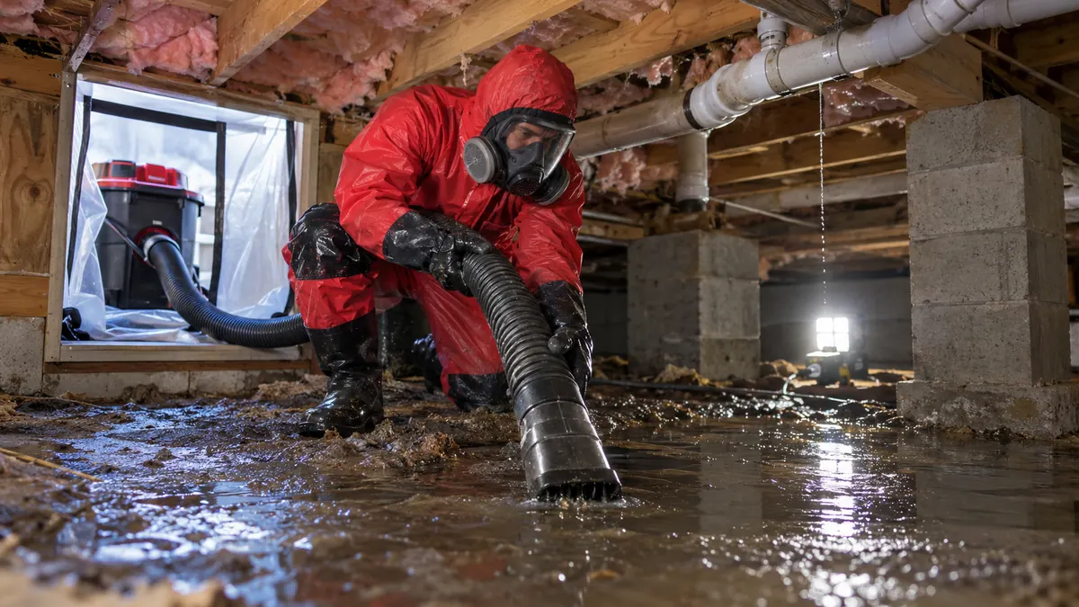 Worker in a protective suit extracting dirty water from a flooded crawl space like those near Suwanee creeks
