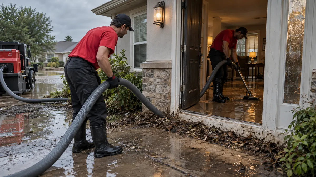 Technician in rubber boots dragging a gray hose from a mud-covered driveway toward a house door while a second worker extracts water inside