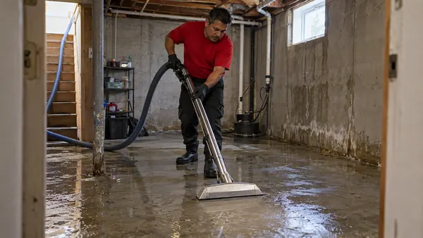 Technician pulling standing water off a basement slab with a wand extractor beside a concrete wall streaked with mineral stains