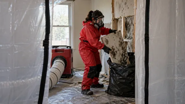 Worker in a red hooded suit and respirator lifting a black mold-stained drywall panel out of a wall inside plastic containment with an air scrubber running