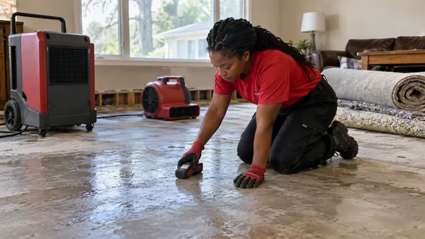 Technician pressing a moisture meter against a bare concrete slab floor with a dehumidifier running behind in the room