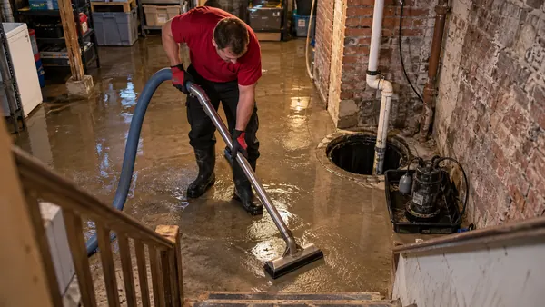 Technician extracting standing water from a basement floor beside an open sump pit and brick wall with a submersible pump