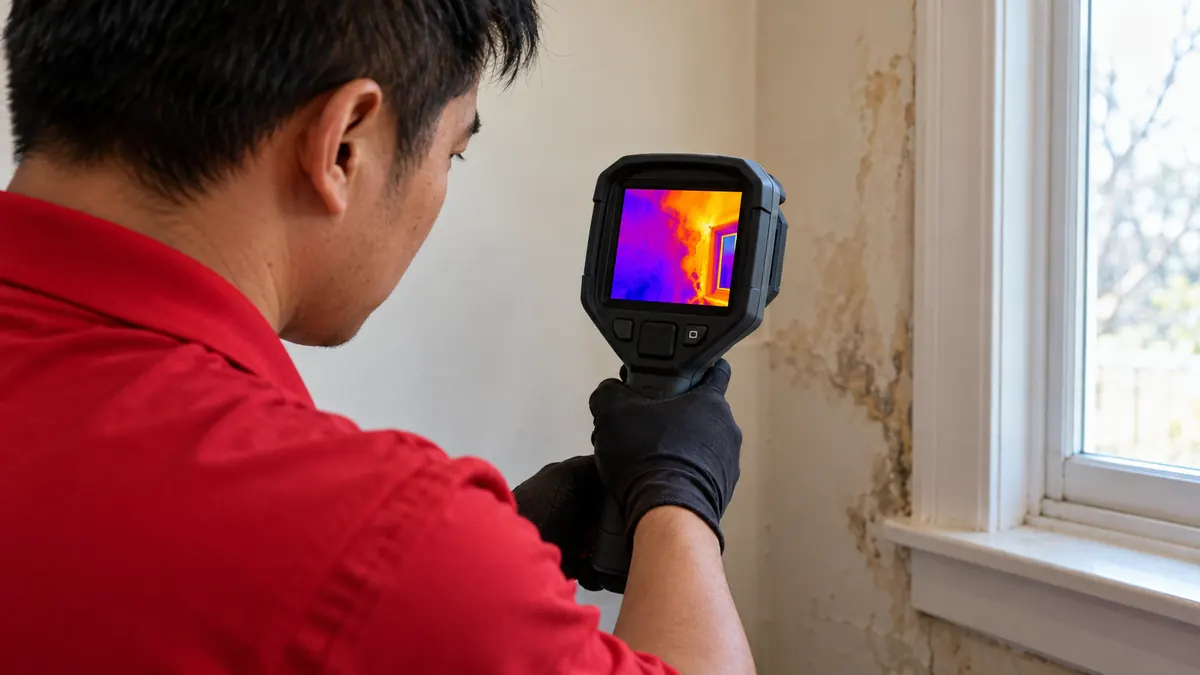 Technician in a red shirt holding an infrared thermal camera up to a stained wall beside a window, the screen showing a cool purple moisture patch