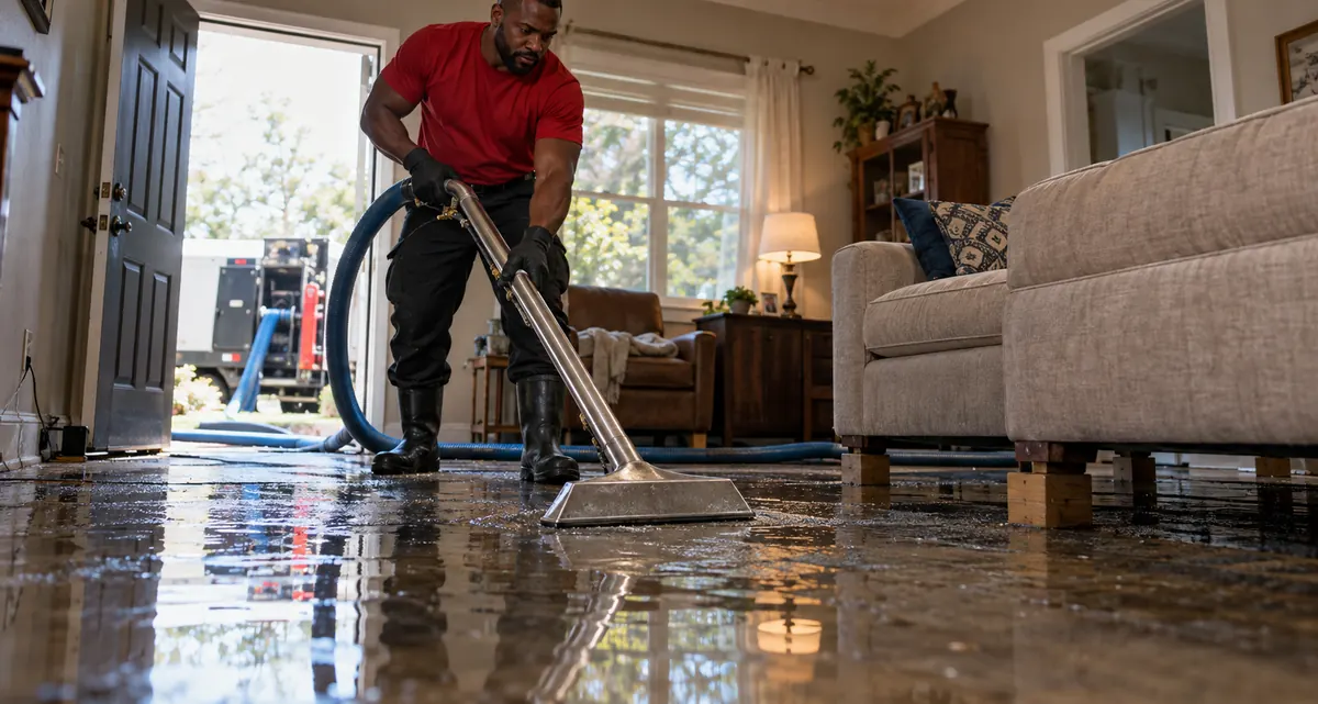 Technician in a red shirt extracting water from a flooded living room floor with a wand tool and blue hose, the truck parked outside the door